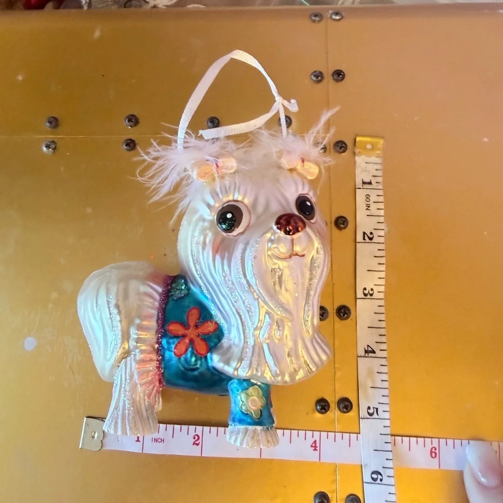 Hand Blown White Lasso Apso with a blue Dress & White Hair Bows Holiday Ornament
